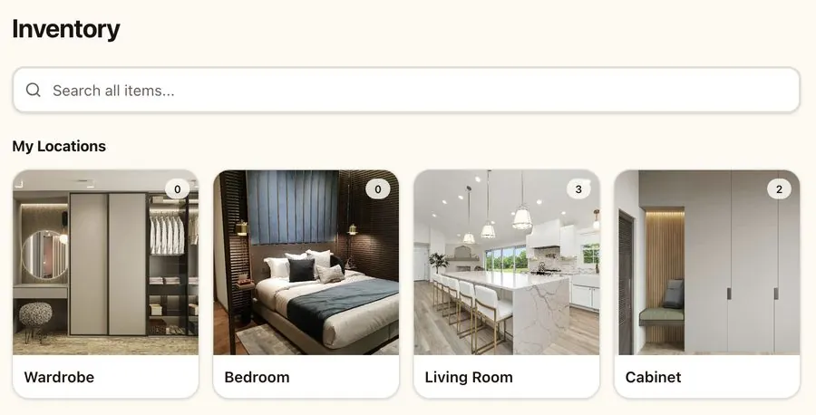 Inventory feature showing home locations with real photos: Wardrobe, Bedroom, Living Room, Cabinet