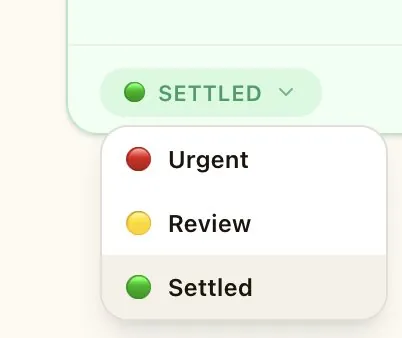 Status toggle showing Urgent, Review, and Settled options